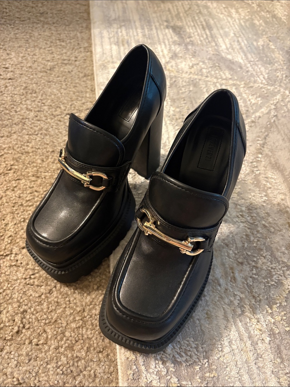 Forever 21 Black Platform Loafer Heels with Gold Accent